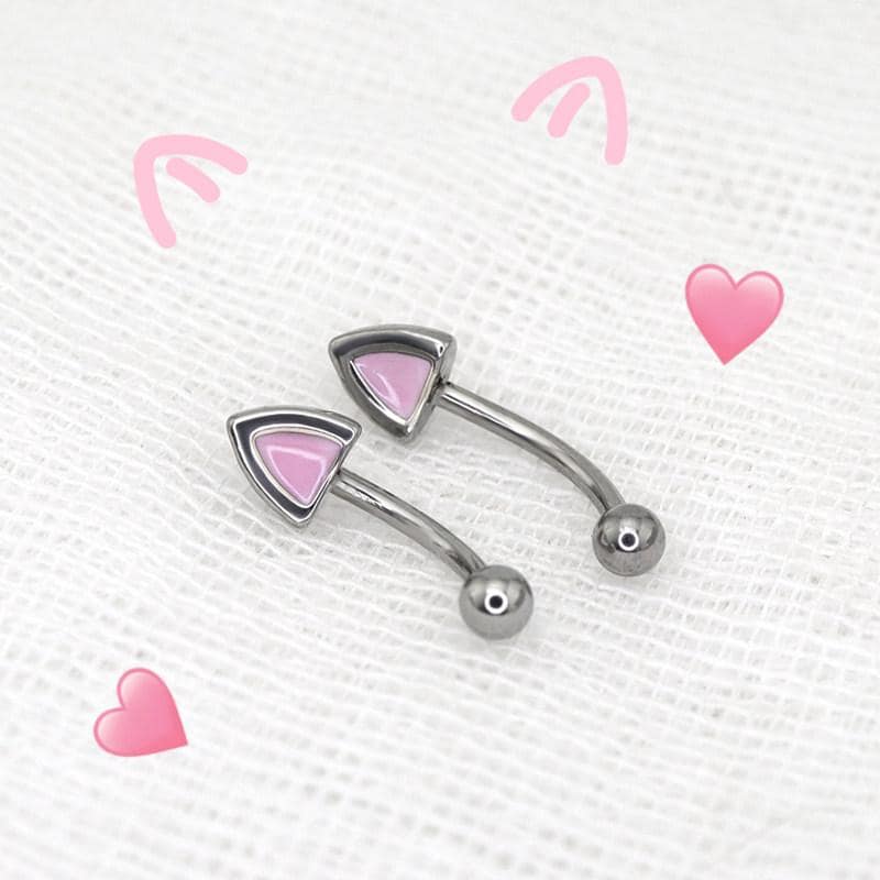 Pink Cat Ear Titanium Eyebrow Barbell detail 2