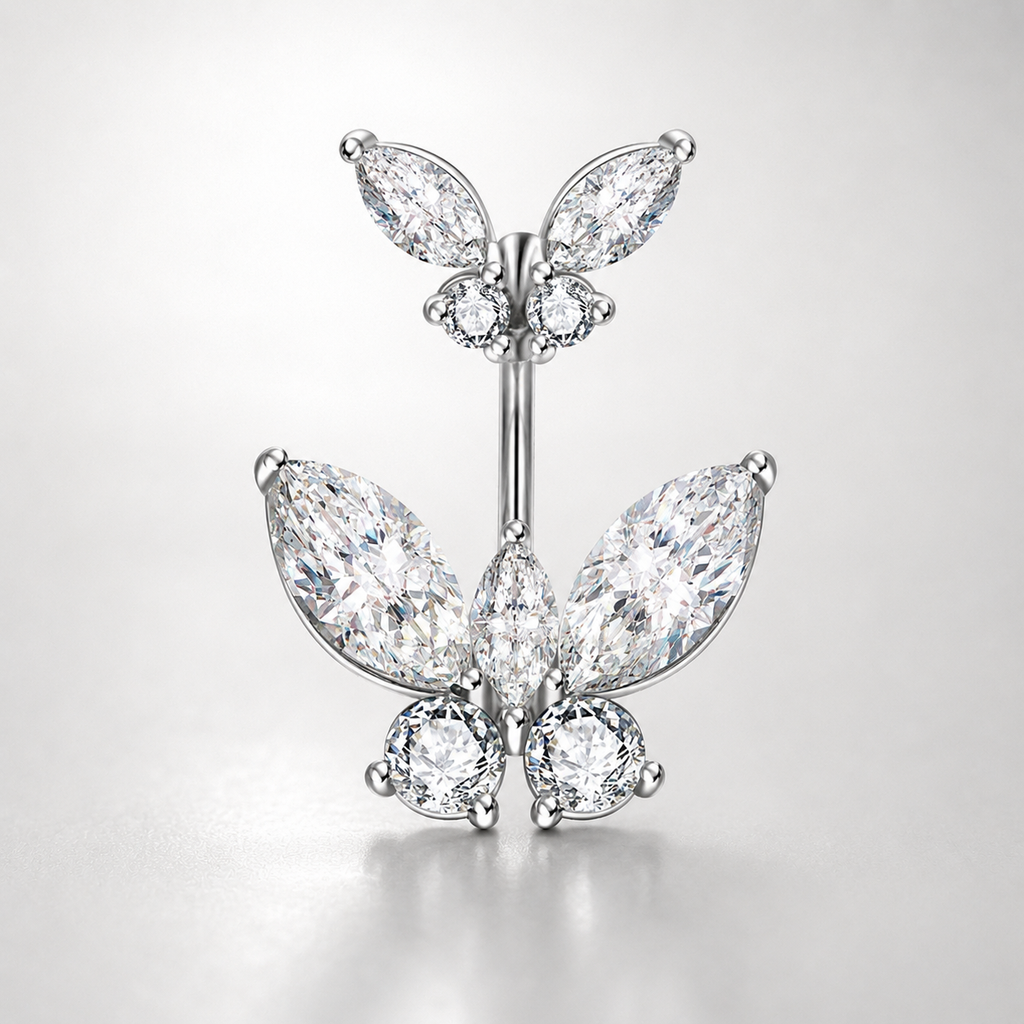 Bauchnabelpiercing mit Schmetterlingsmotiv aus 925er Sterlingsilber und Zirkonia 