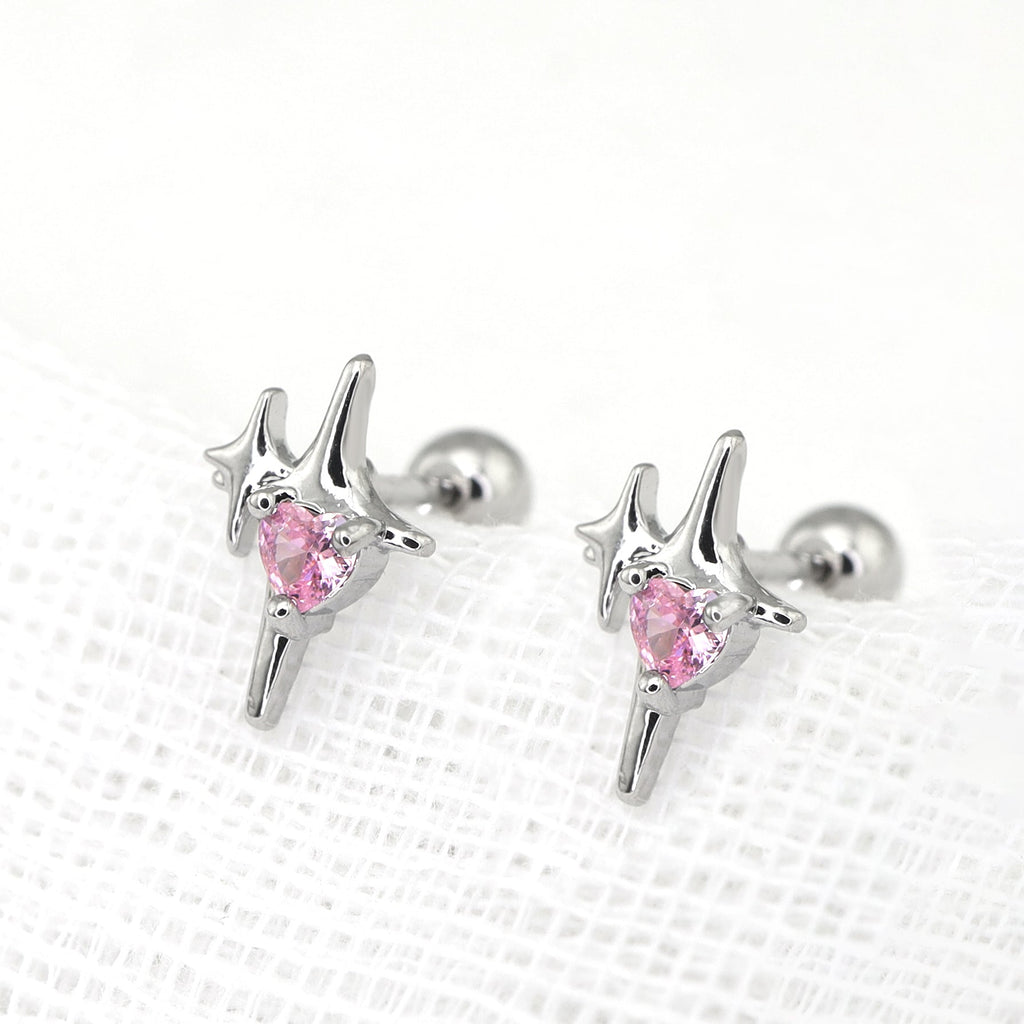 Pink CZ Double Star Thin Gauge 316 stainless steel Ear Studs - Pink CZ Double Star Thin Gauge 316 stainless steel Ear Studs - Single by CRUXJEWELRY