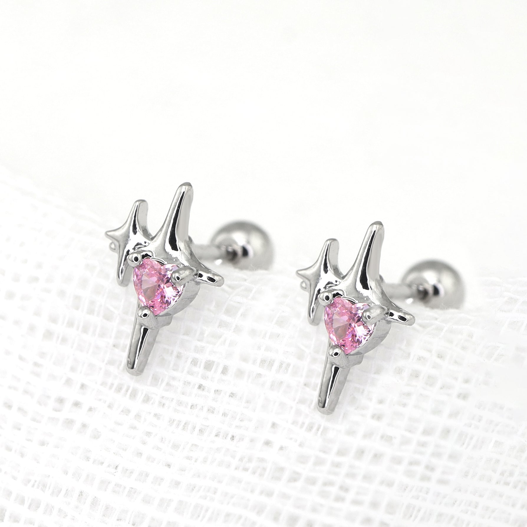 Pink CZ Double Star Thin Gauge 316 stainless steel Ear Studs - Pink CZ Double Star Thin Gauge 316 stainless steel Ear Studs - Single by CRUXJEWELRY