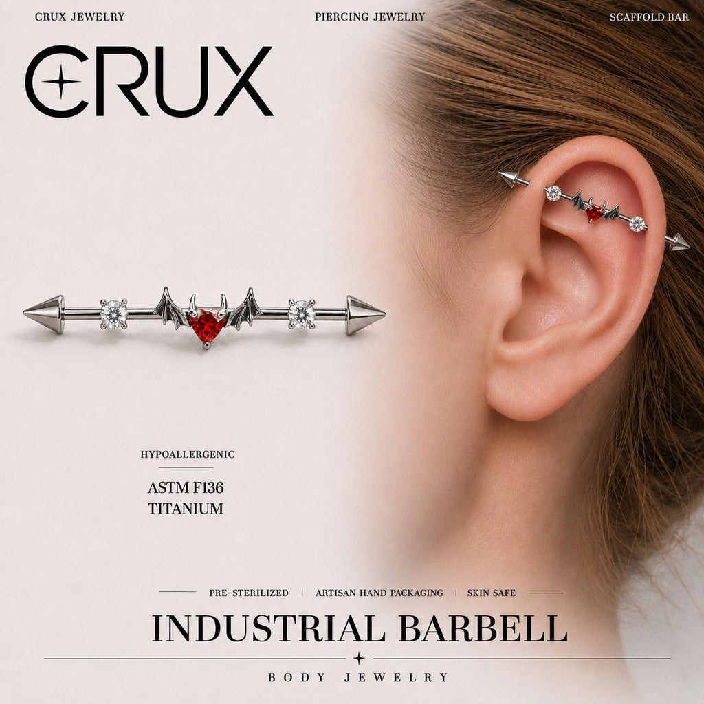 Devil Heart Crystal titanium industrial barbell, front view