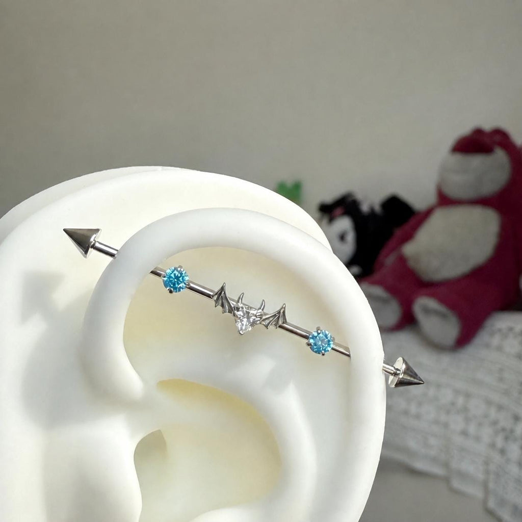 Devil Heart Crystal titanium industrial barbell, detail view 3