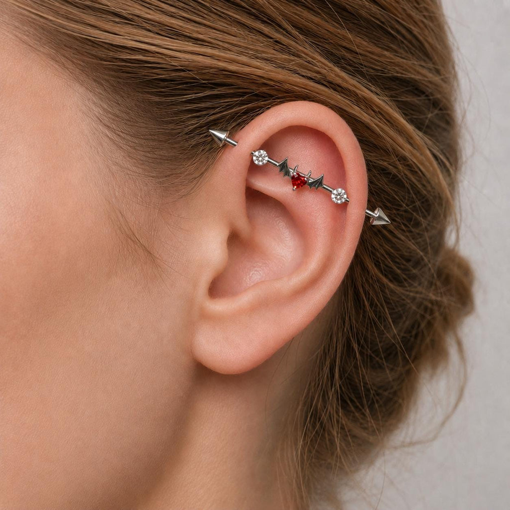 Devil Heart Crystal titanium industrial barbell, detail view 4