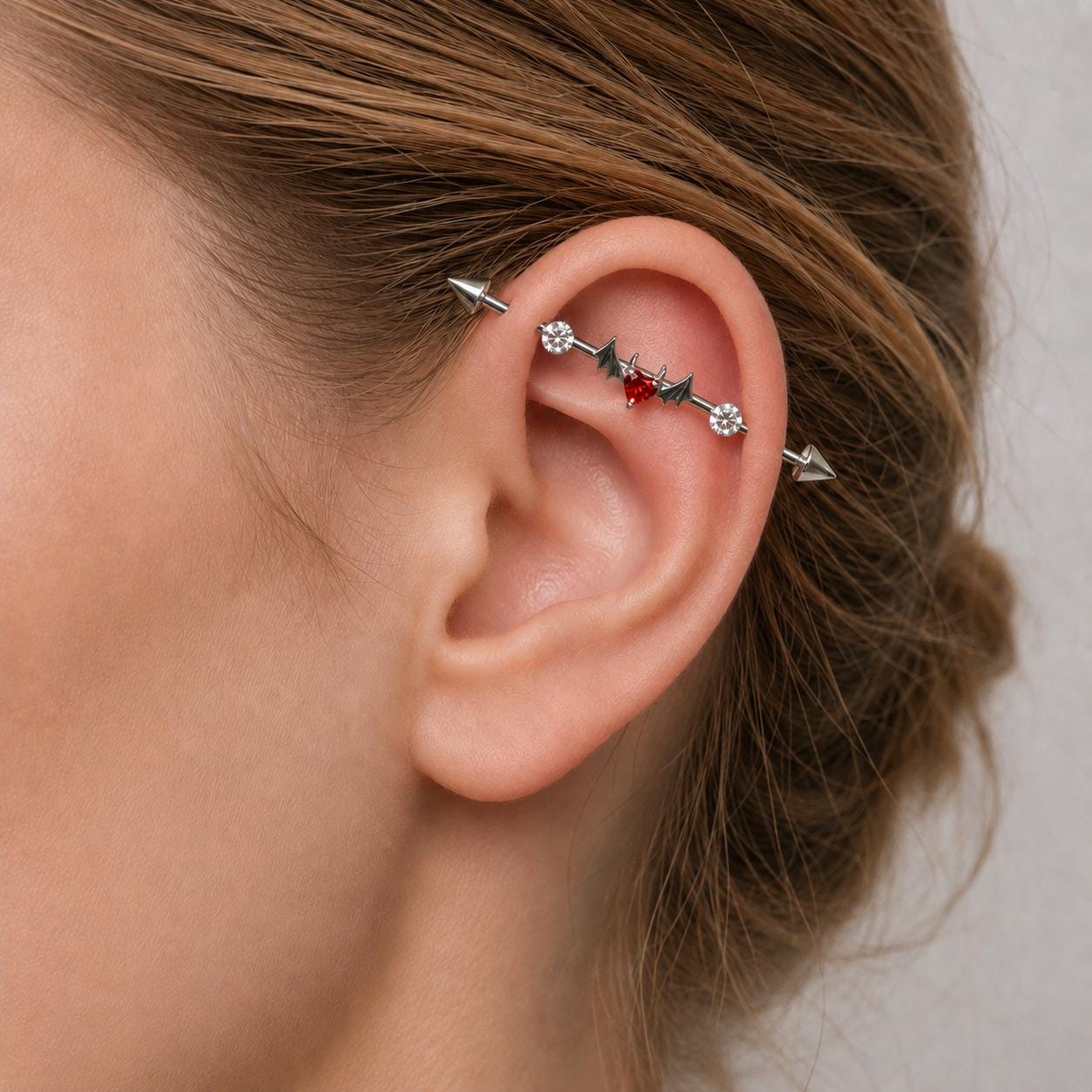 Devil Heart Crystal titanium industrial barbell, detail view 4