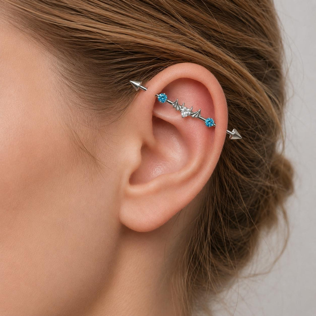 Devil Heart Crystal titanium industrial barbell, detail view 5
