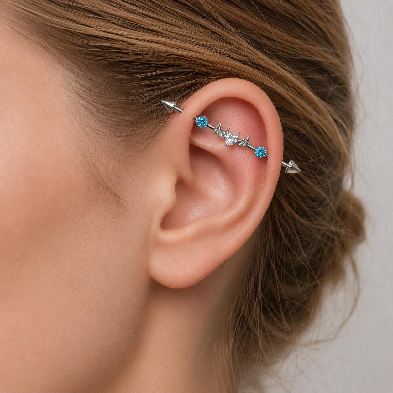 Devil Heart Crystal titanium industrial barbell, detail view 5