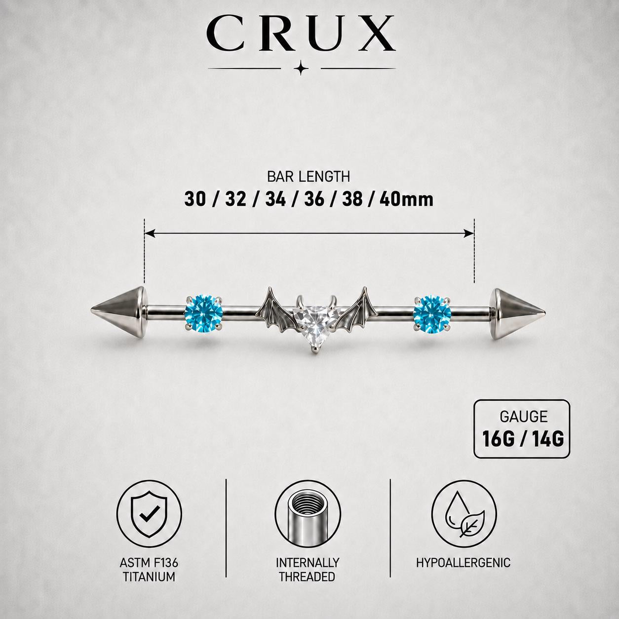 Devil Heart Crystal titanium industrial barbell, detail view 8