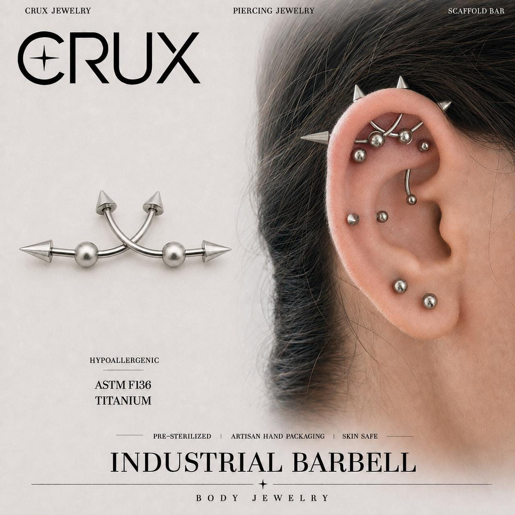 Double Spike titanium industrial barbell, front view