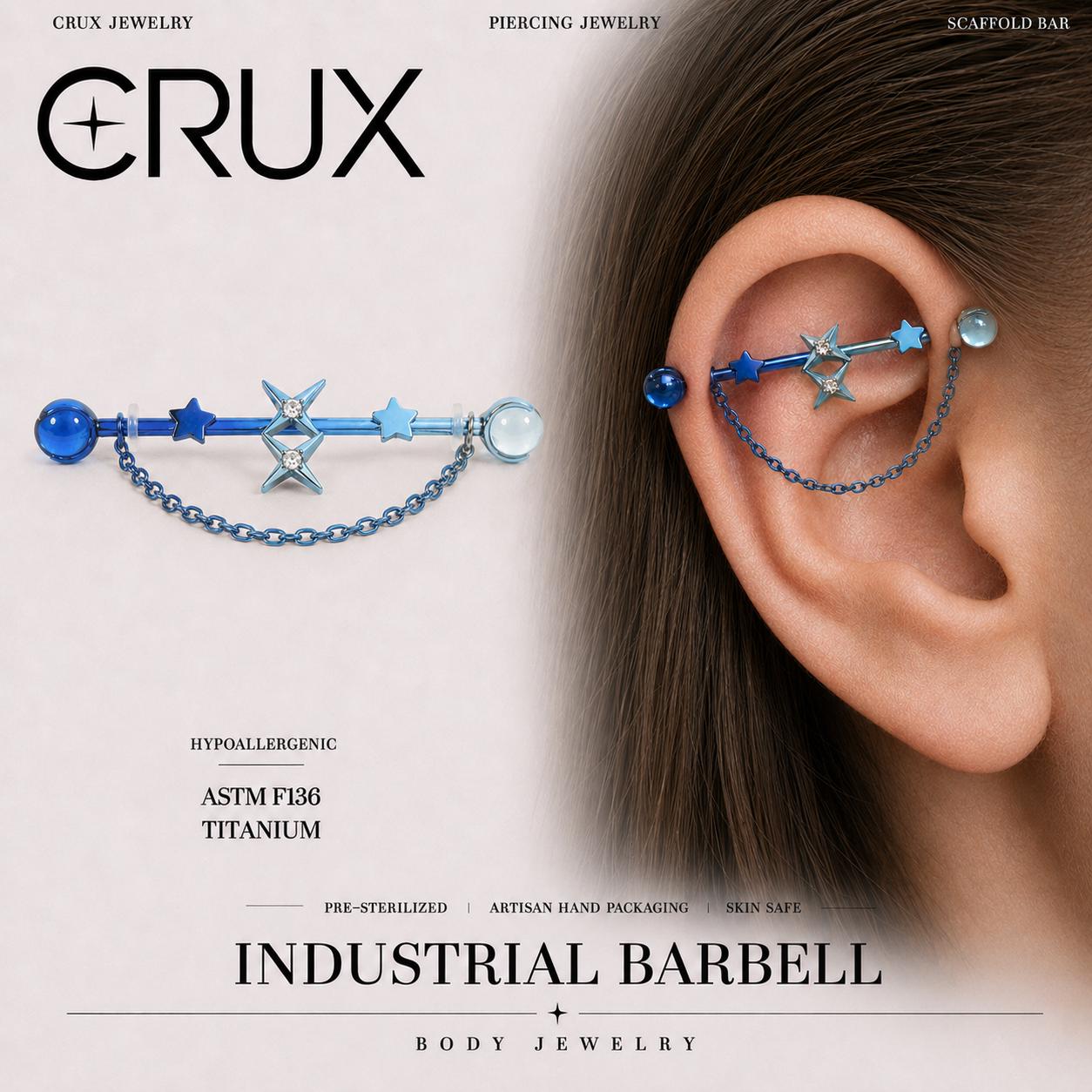 Double Star Chain titanium industrial barbell, front view