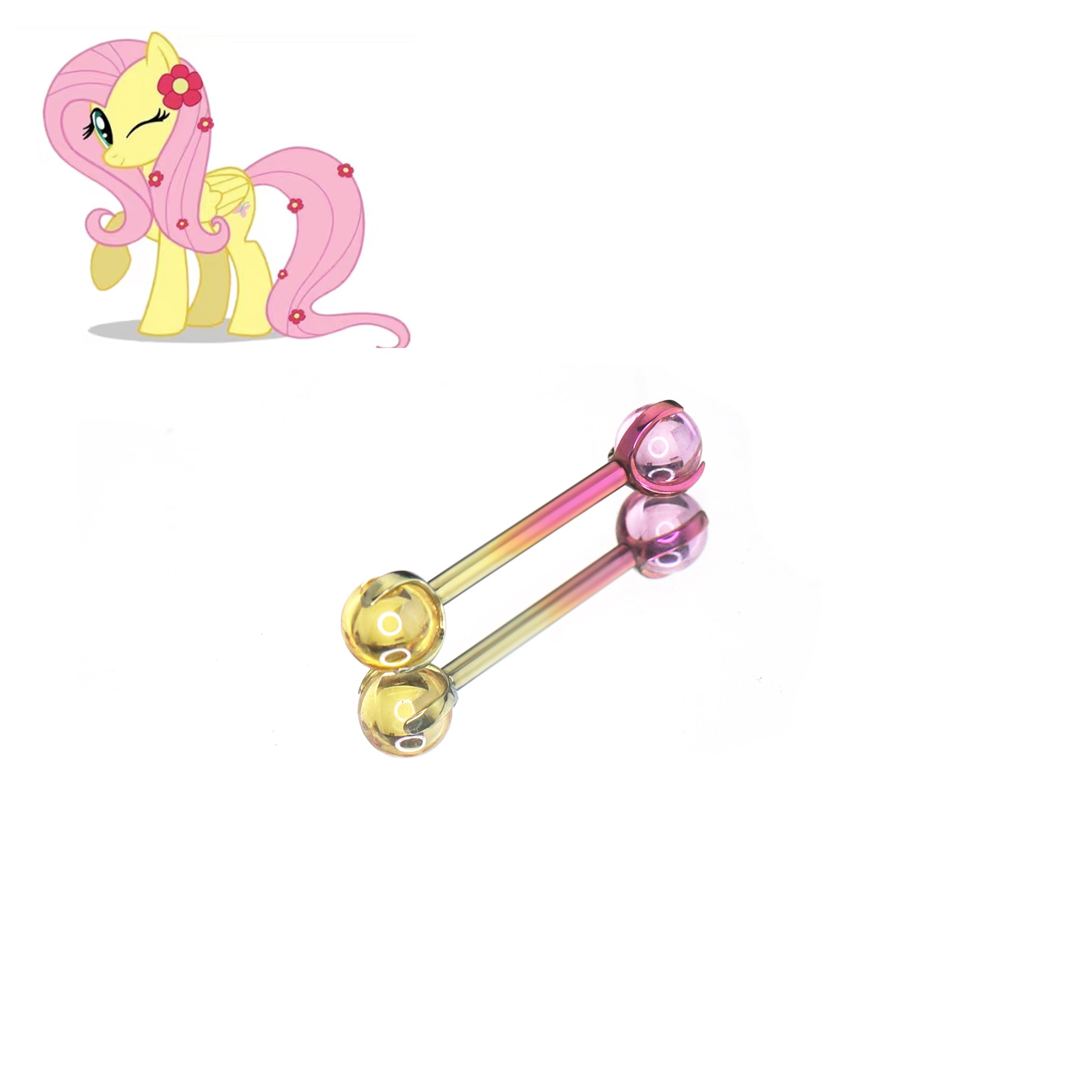 MLP Titanium Internally Threaded Zirconia Barbell - Tongue & Ear - MLP Titanium Internally Threaded Zirconia Barbell - Tongue & Ear - Fluttershy / 10mm by CRUXJEWELRY