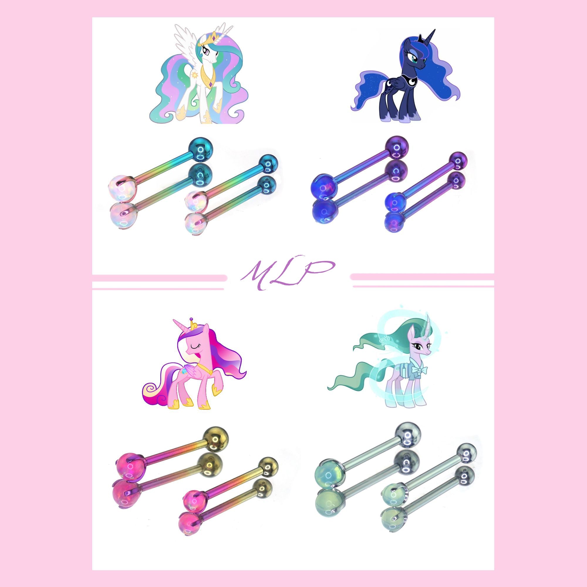 MLP Opal CZ Barbell - Tongue/Nipple Straight Barbell - MLP Opal CZ Barbell - Tongue/Nipple Straight Barbell - Rainbow Dash / 12mm / 4mm by CRUXJEWELRY