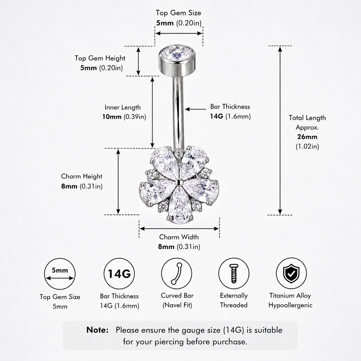 Cherry Blossom Titanium CZ Belly Ring