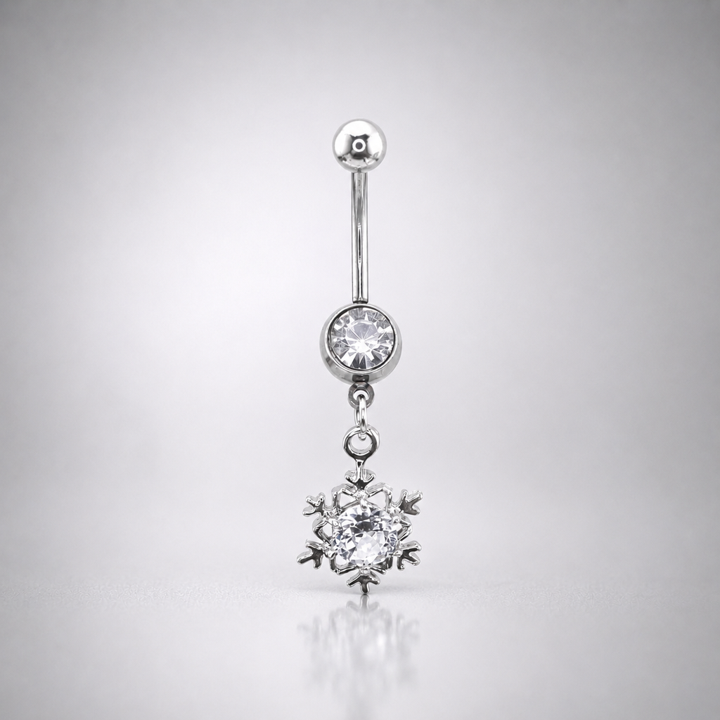 Anneau de nombril pendant en acier inoxydable avec zircon cubique en forme de flocon de neige 