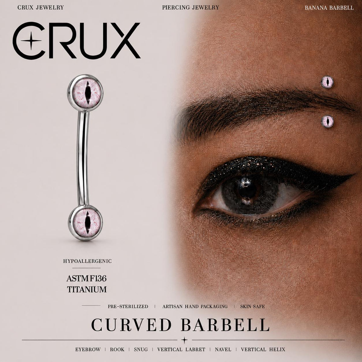ETSY 4530270929 | IMAGE 1 | Pink Cat Eye Titanium Eyebrow Barbell