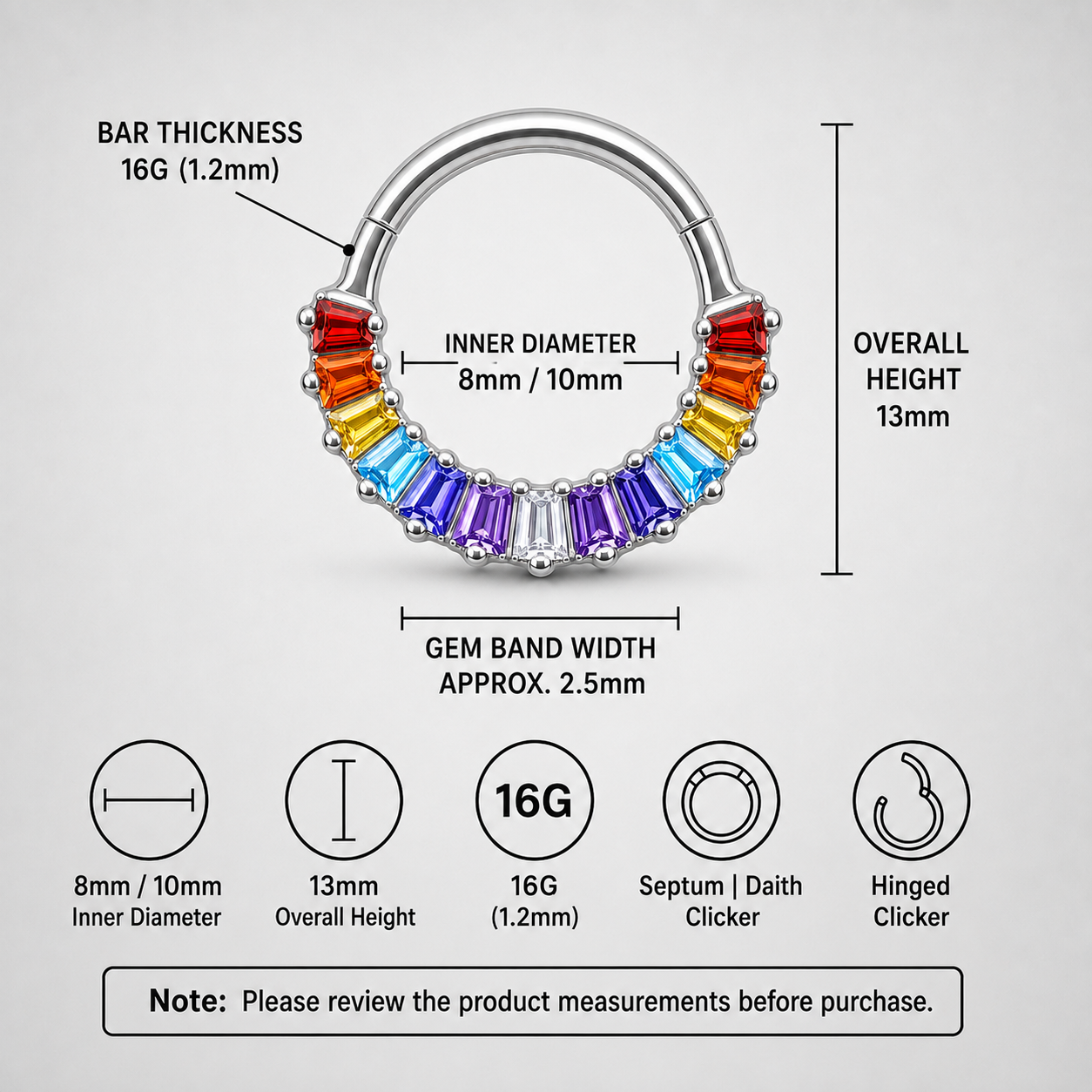 Rainbow Titanium Baguette Septum Clicker