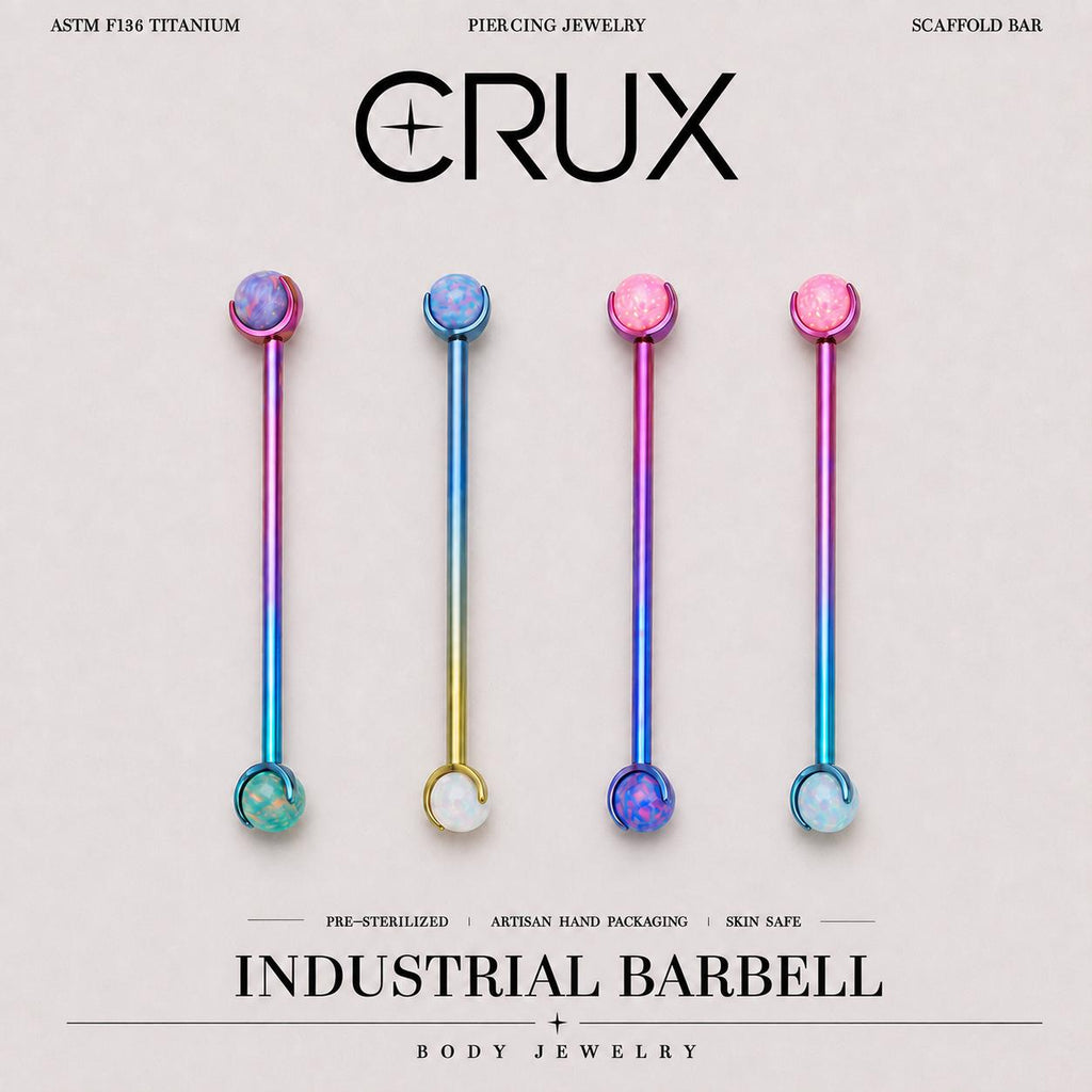 Fire Opal titanium industrial barbell, front view
