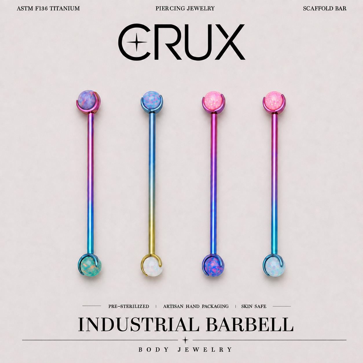 Fire Opal titanium industrial barbell, front view
