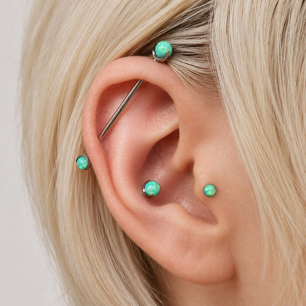 Fire Opal titanium industrial barbell, detail view 2