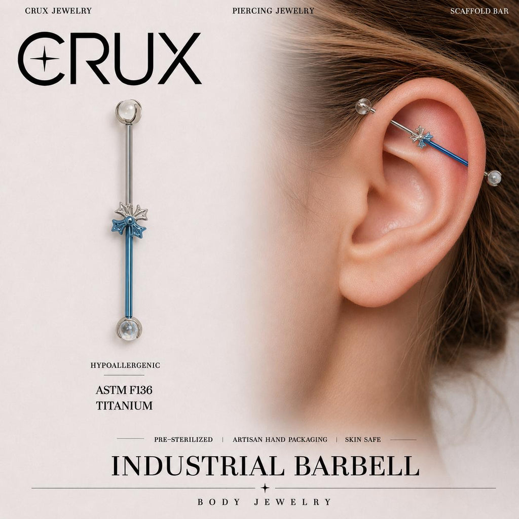 Fleur-de-Lis Crystal titanium industrial barbell, front view