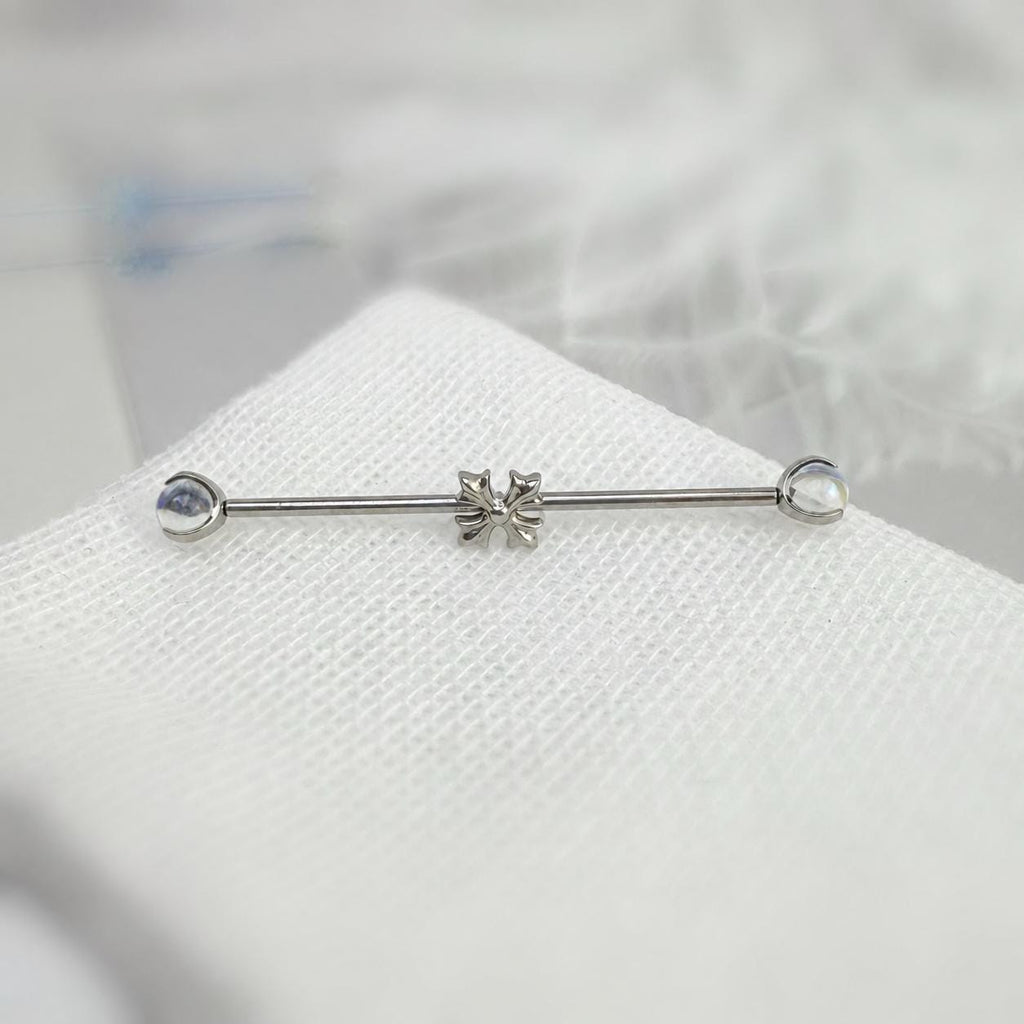 Fleur-de-Lis Crystal titanium industrial barbell, detail view 5