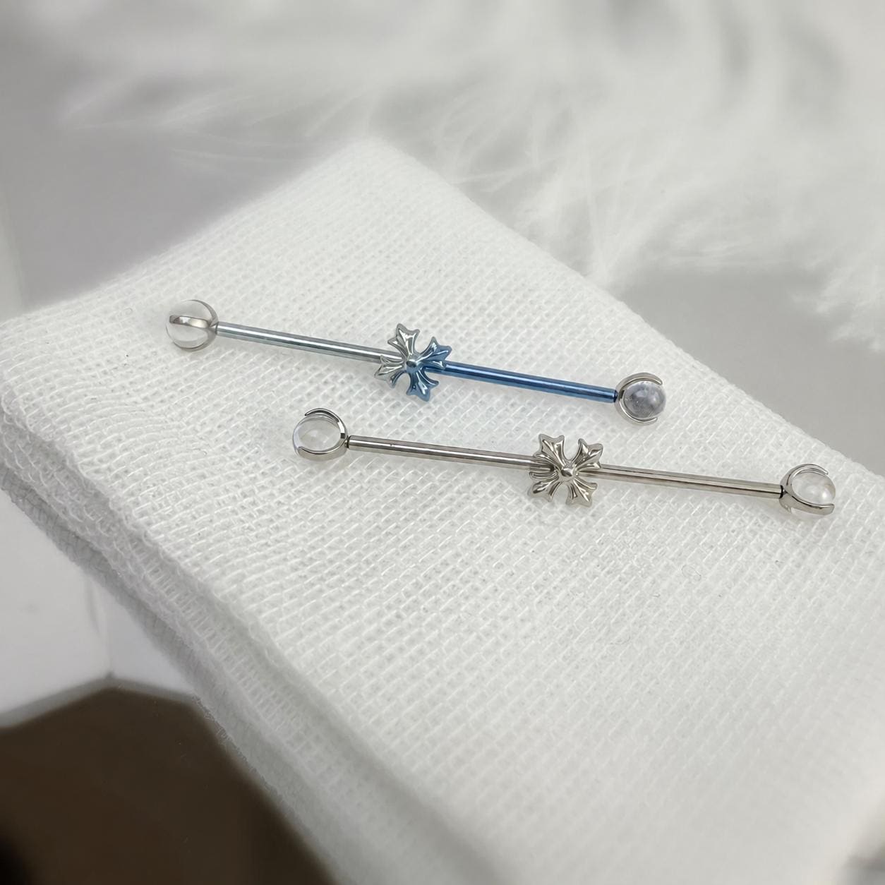 Fleur-de-Lis Crystal titanium industrial barbell, detail view 6