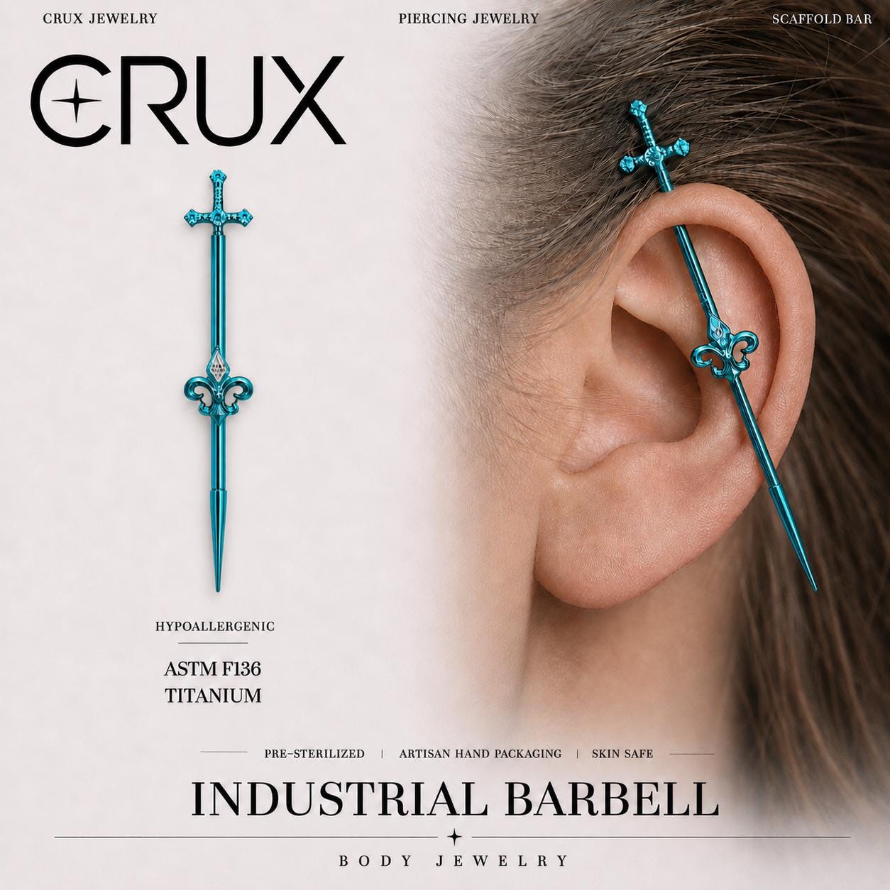 Fleur-de-Lis Sword titanium industrial barbell, front view