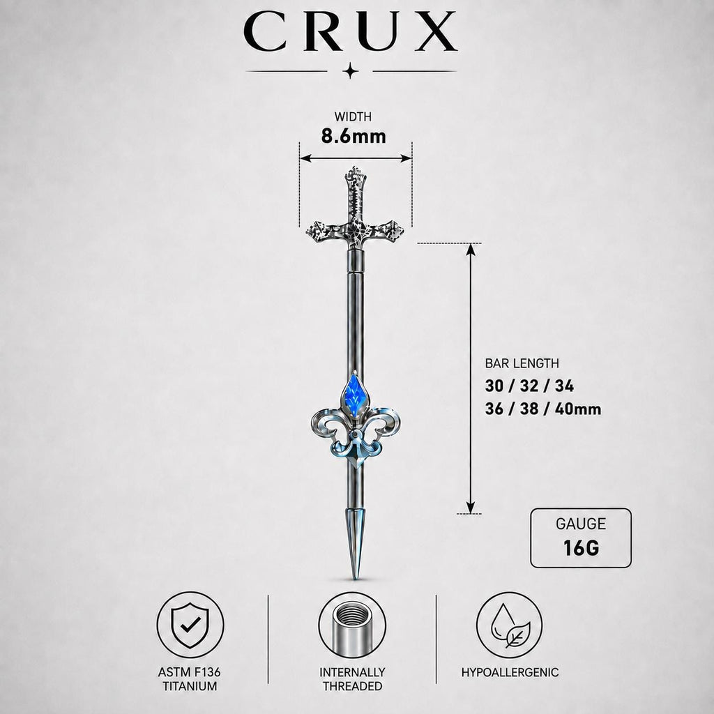 Fleur-de-Lis Sword titanium industrial barbell, detail view 10