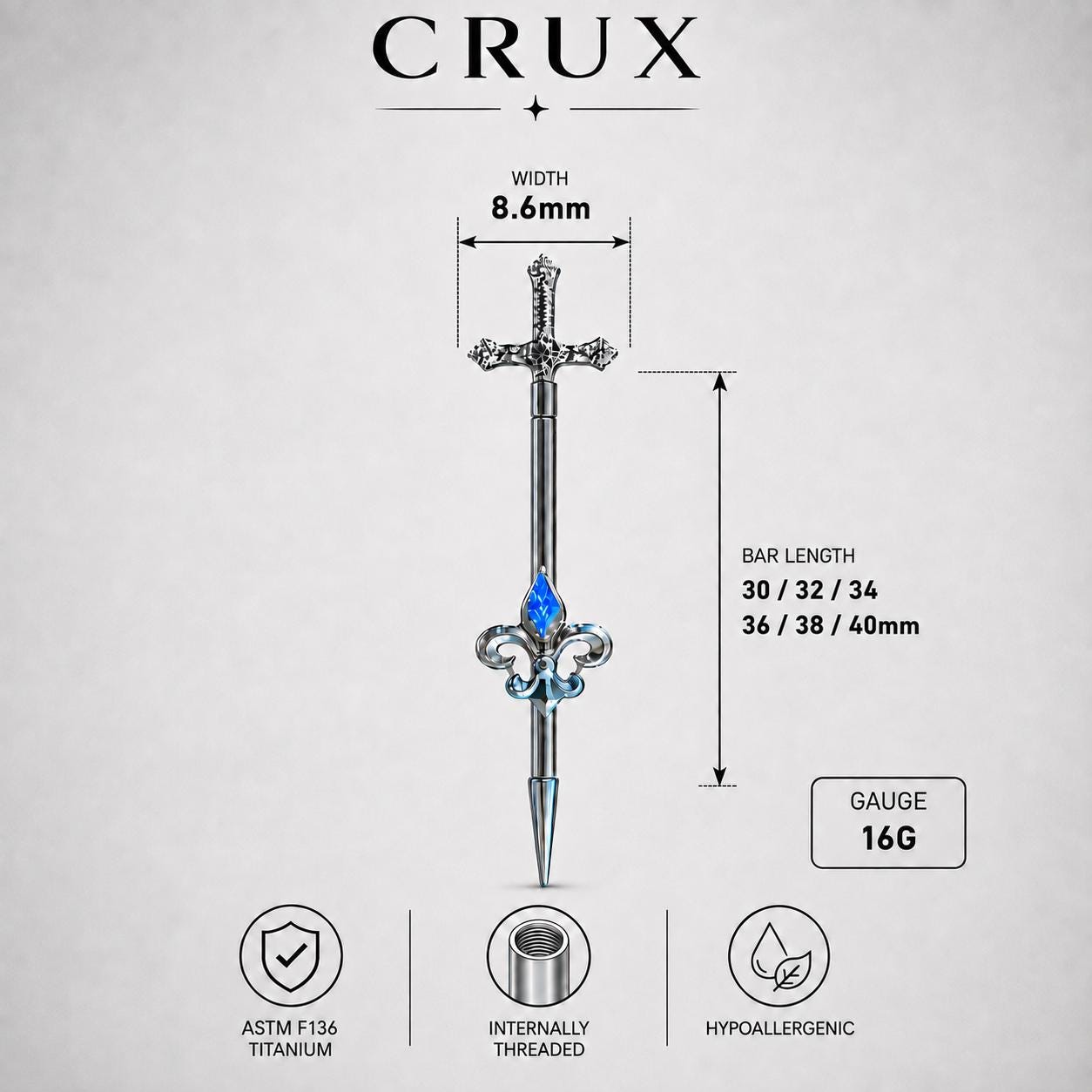 Fleur-de-Lis Sword titanium industrial barbell, detail view 10