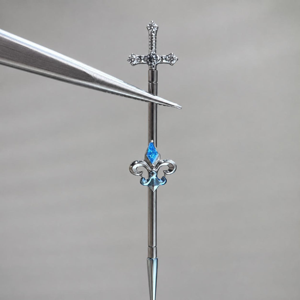 Fleur-de-Lis Sword titanium industrial barbell, detail view 5