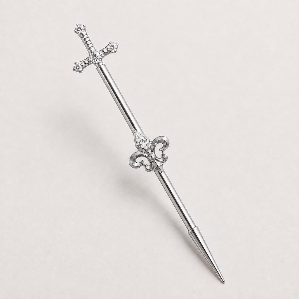 Fleur-de-Lis Sword titanium industrial barbell, detail view 7