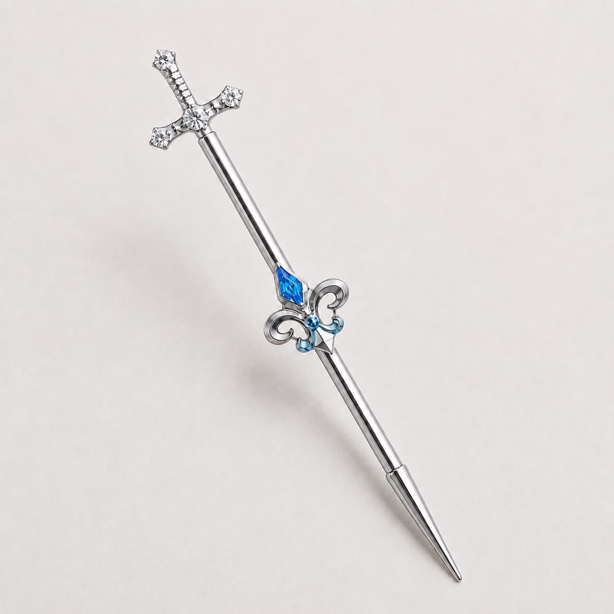 Fleur-de-Lis Sword titanium industrial barbell, detail view 8