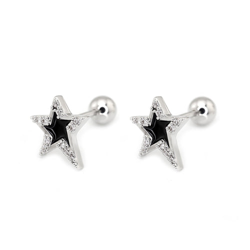 Black & White CZ Pentagram Ear Studs - Black