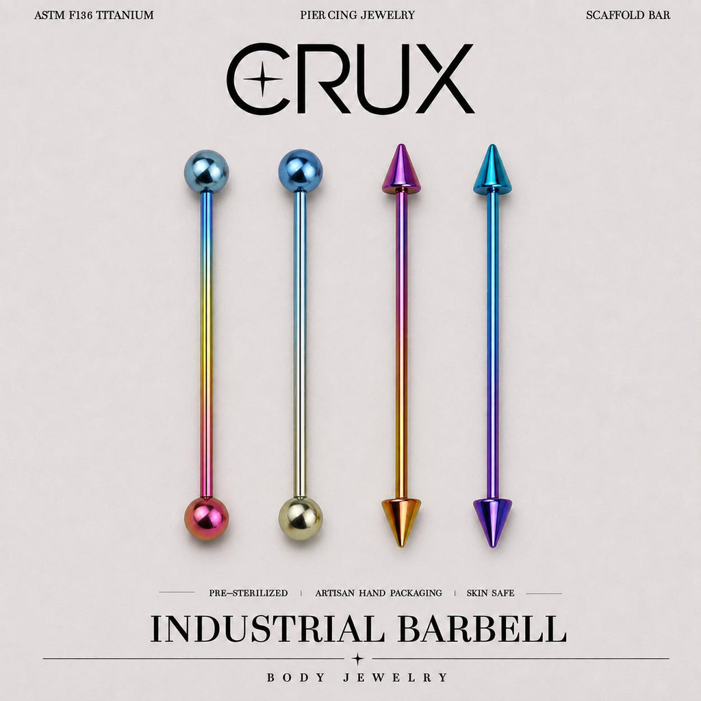 Gradient Ball & Spike titanium industrial barbell, front view