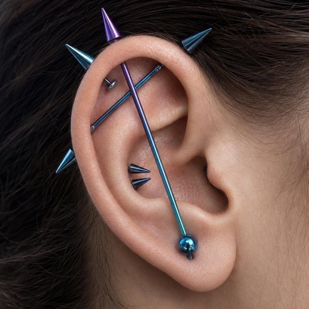 Gradient Ball & Spike titanium industrial barbell, detail view 2