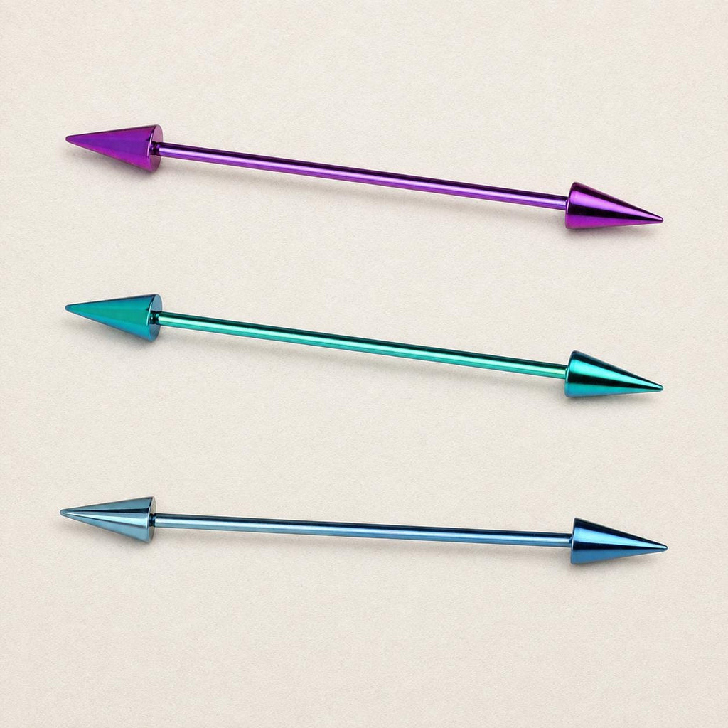 Gradient Ball & Spike titanium industrial barbell, detail view 5