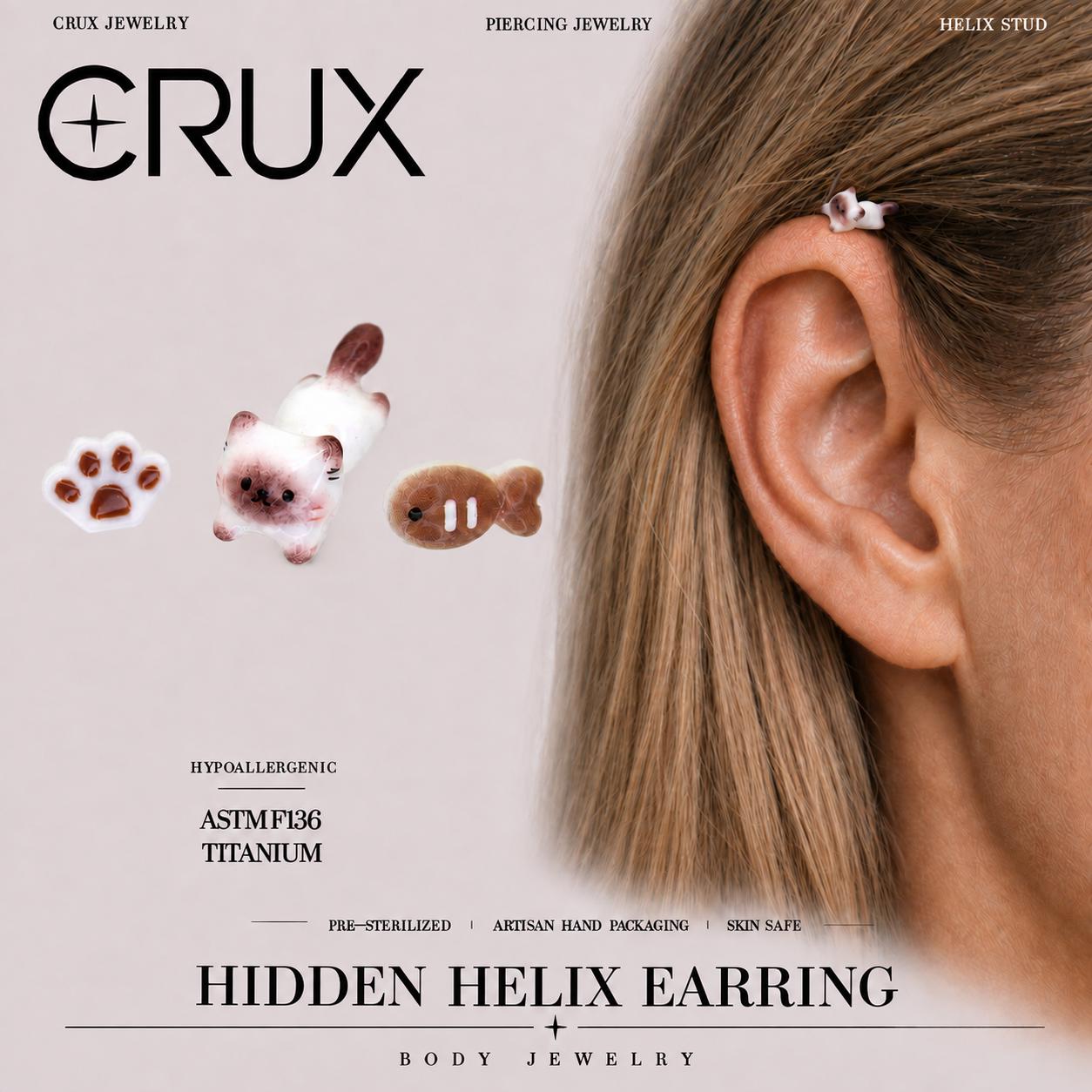 Cat, Paw & Fish Stud Collection hidden helix jewelry
