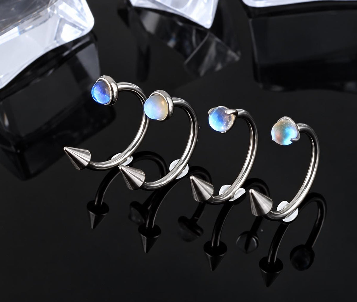 Moonstone Spike Titanium Horseshoe Ring detail 3