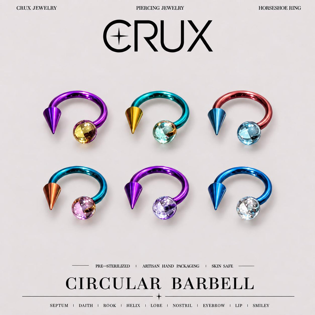 Crystal Ball Spike Titanium Horseshoe Ring