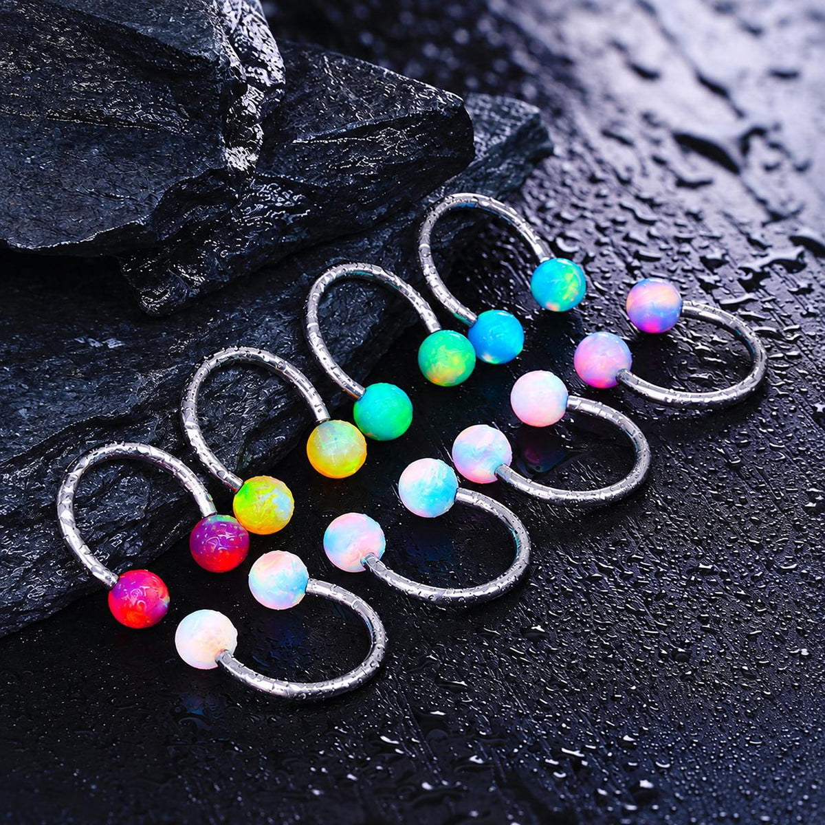Opal Ball Titanium Horseshoe Ring detail 2