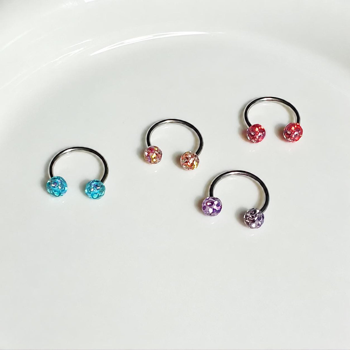 Pave Crystal Ball Titanium Horseshoe Ring detail 7