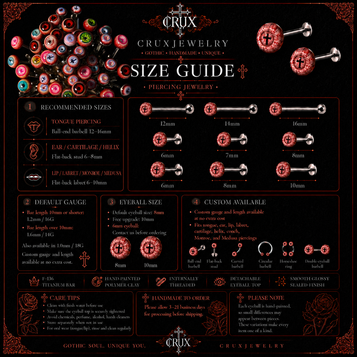 CRUX Jewelry Cthulhu Eye Piercing Size Guide
