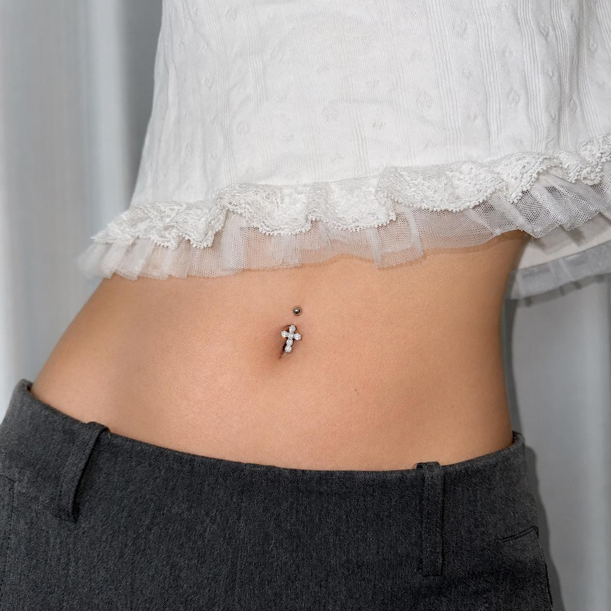 ASTM F136 Titanium Cross Belly Button Ring｜14G Navel Piercing｜CZ Cross Navel Ring｜Externally Threaded｜Gift for Her