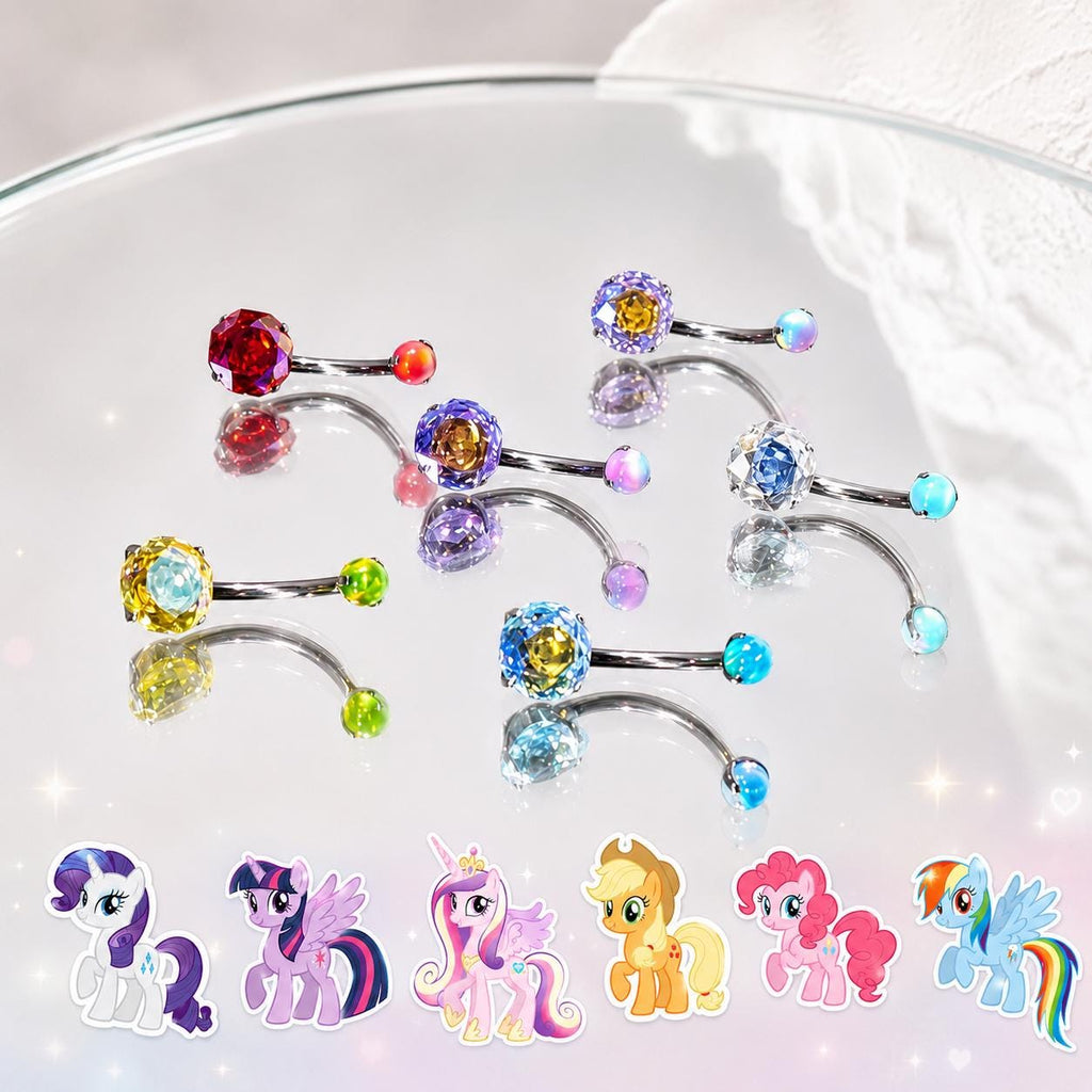 F136 Titanium My Little Pony Gradient Opal Belly Button Ring | 14G Pony Navel Piercing | Hypoallergenic Rose Cut Opal Belly Ring