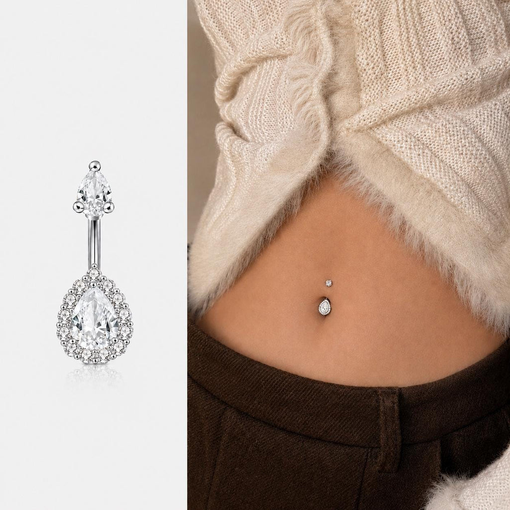 ASTM F136 Titanium Teardrop Belly Button Ring｜14G Navel Piercing｜Clear CZ Navel Ring｜Implant Grade Titanium Jewelry