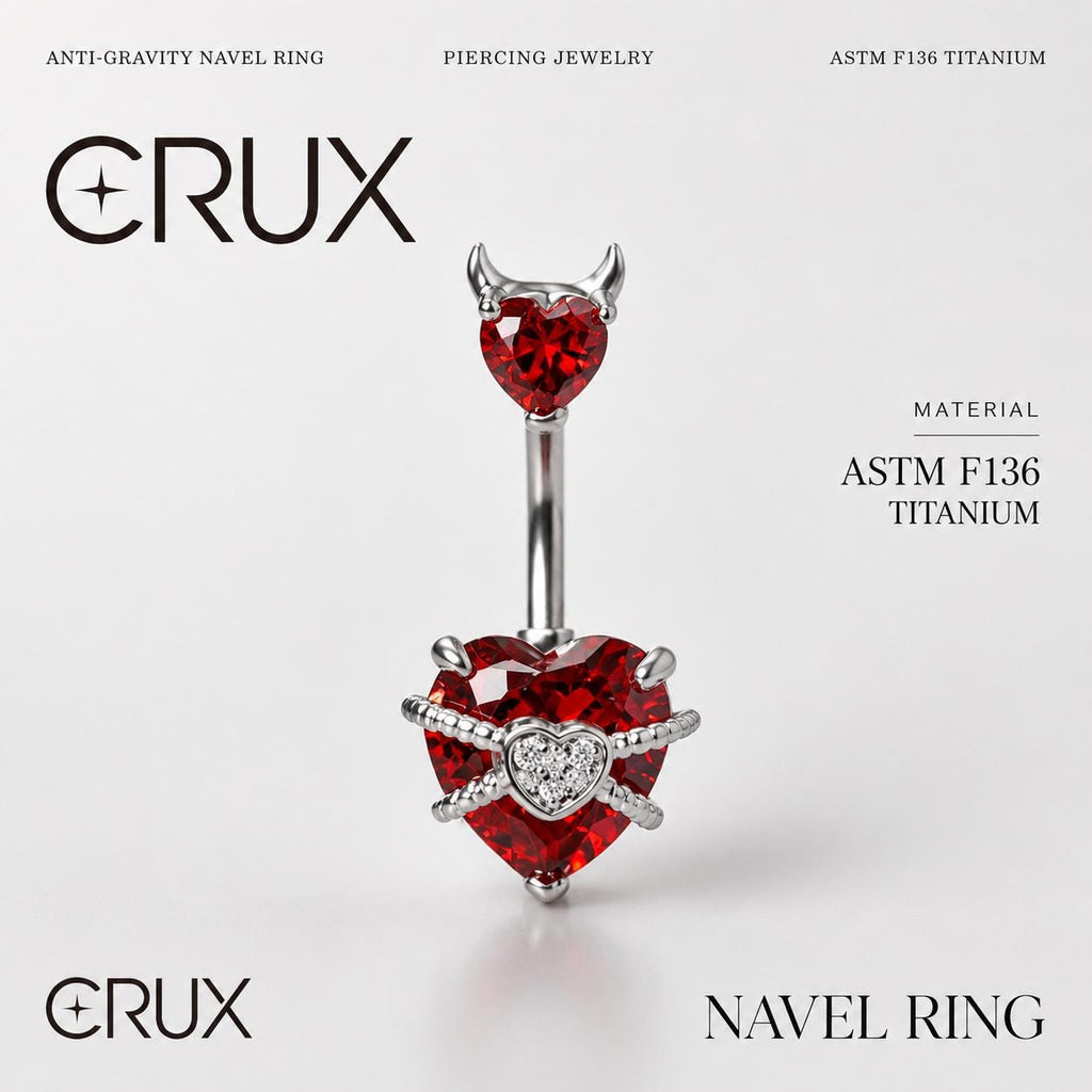 ASTM F136 Titanium Heart Belly Button Ring｜14G Navel Piercing｜Devil Horn CZ Belly Ring｜Externally Threaded