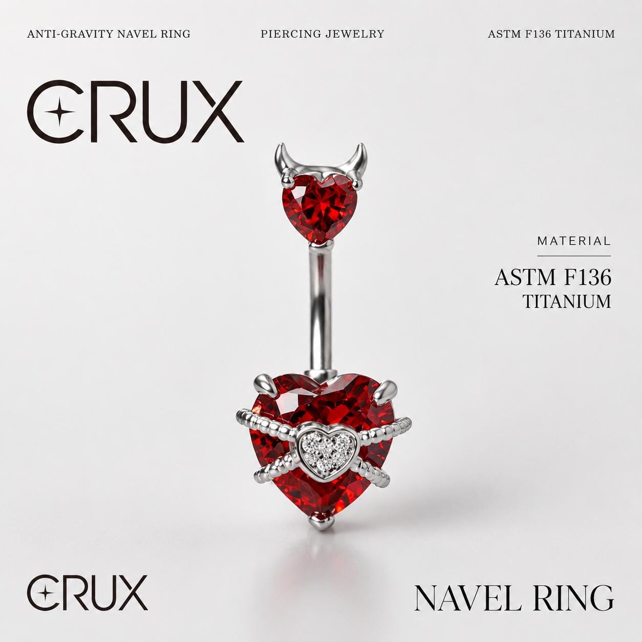 ASTM F136 Titanium Heart Belly Button Ring｜14G Navel Piercing｜Devil Horn CZ Belly Ring｜Externally Threaded