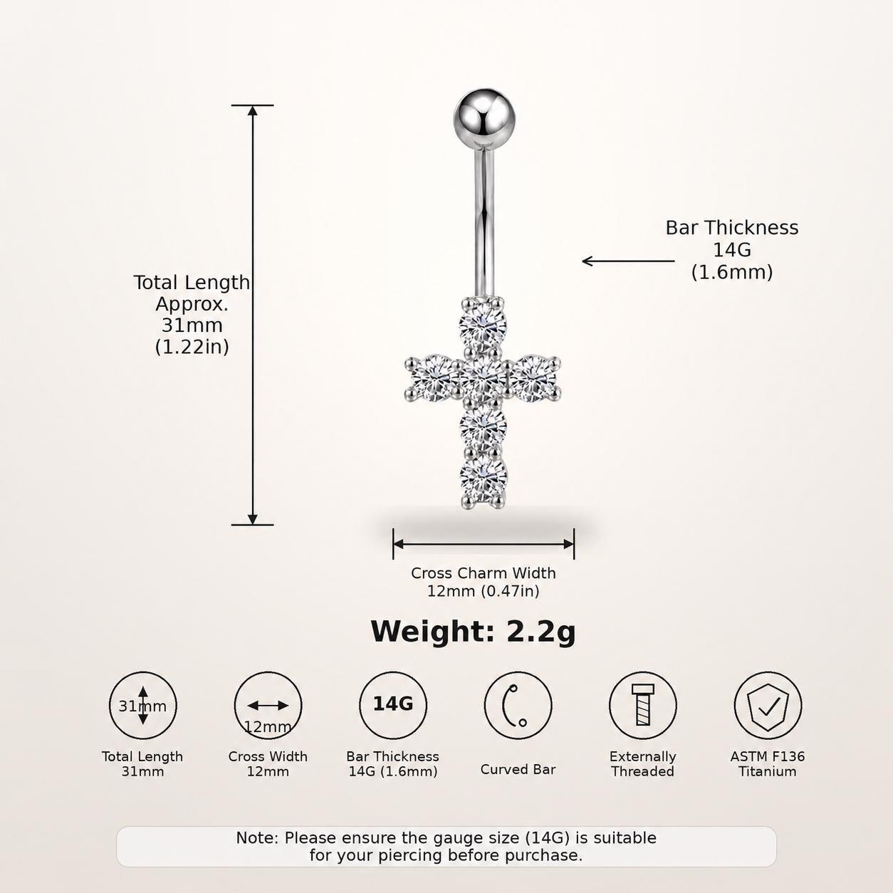 ASTM F136 Titanium Cross Belly Button Ring｜14G Navel Piercing｜CZ Cross Navel Ring｜Externally Threaded｜Gift for Her