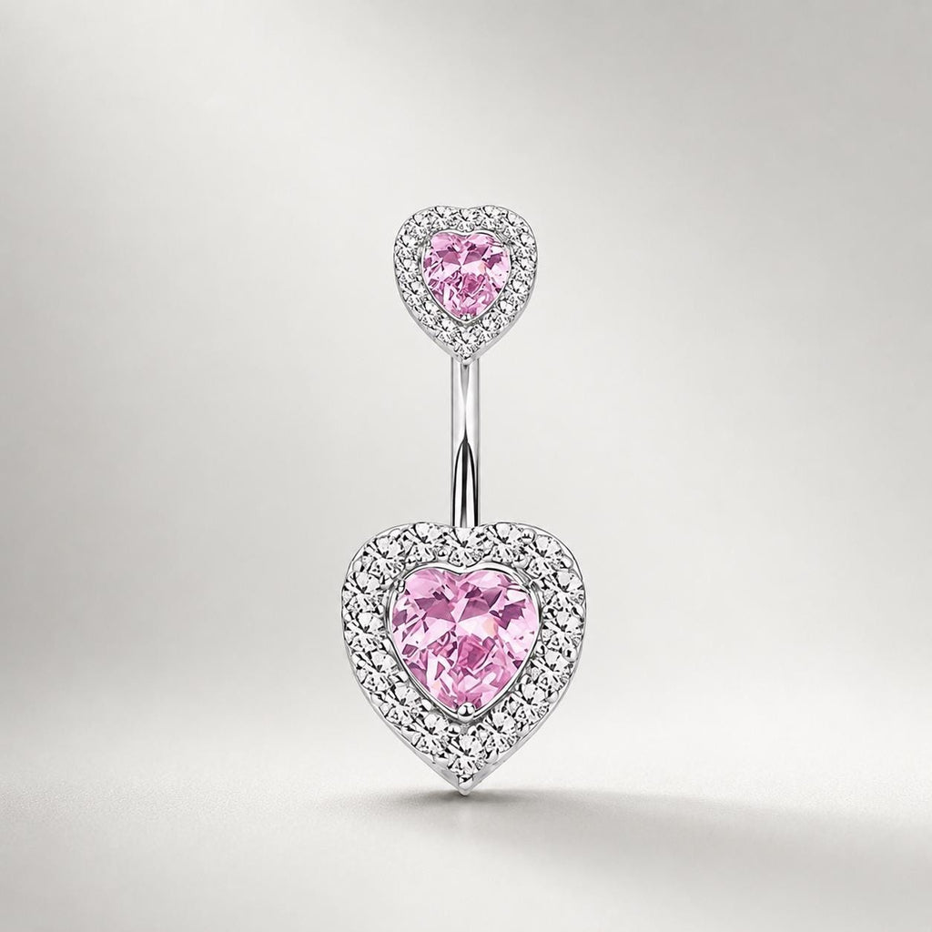 ASTM F136 Titanium Heart Belly Button Ring｜14G Navel Piercing｜Sparkly CZ Double Heart Navel Ring｜Externally Threaded｜ Gift For Her