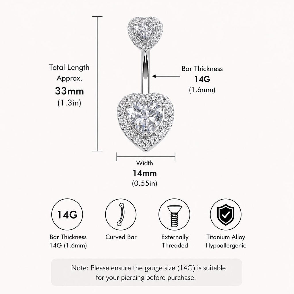 ASTM F136 Titanium Heart Belly Button Ring｜14G Navel Piercing｜Sparkly CZ Double Heart Navel Ring｜Externally Threaded｜ Gift For Her
