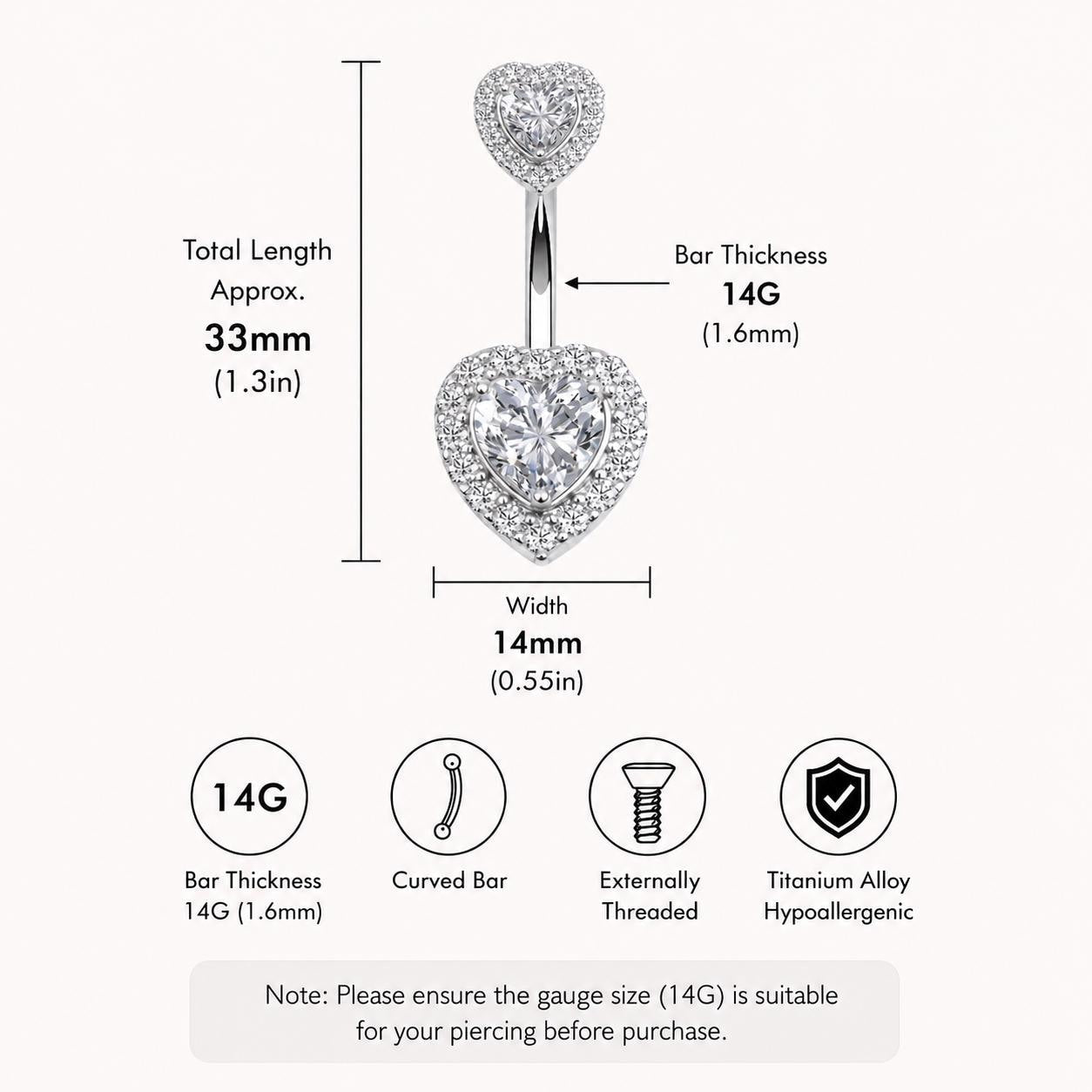 ASTM F136 Titanium Heart Belly Button Ring｜14G Navel Piercing｜Sparkly CZ Double Heart Navel Ring｜Externally Threaded｜ Gift For Her